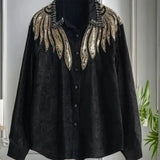 Embroidery Sequined Blouse Spring Autumn Turn-down Collar Diamonds Women's Clothing Commute Single-breasted Loose Shirt-Outfit