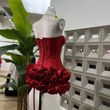 Knitted Bandage Pressure Fish Bone Tiring Waist Tset + Flowers Ultra-Short Low Waist Skirt