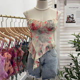 Fongt Shoot 辣tie Bra Irregular Sling Sling Vest Slimming Print Mesh Sleeveless Top 8950
