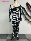 Spring Sexy Women's Dress Commuting Elegant Elastic Pit Stripe Wrapped Hip Back Split Printed Tight Dress-Outfit
