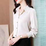 Spring Shirt Women Long Sleeve Satin Fashion Solid Ladies Tops Blouse Single-breast Button Chiffon Turn-down Collar