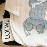 Embroidery Bear Diamond T Shirts Cute Cartoon Summer Tee Tops High Quality Cotton Short Sleeve Kawaii Clothes Korean 2023-Outfit