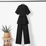 Women Elegant Office Trouser Suits 2PCS Summer Laple Neck Short Sleeve Blazer Top Matching Sets Casual Wide Leg Pant