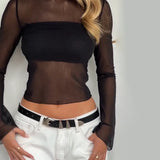 Fongt Summer New Round Neck Long Sleeve Mesh Perspective Exposed Waist Top With Hot Girl T-Shirt