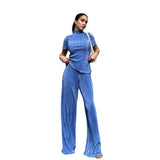 Fongt 2023 Summer New Thin T-Shirt High Waist Blue Pleated Floor Pants Casual Women's Fashion Suit-Outfit