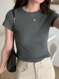 Basic Grey Shoulder T-Shirt Women's Short-Sleeved Round-Necked T-Shirt Threaded To Show A Thin Blouse In