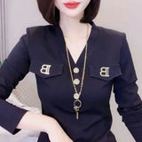 Slim Solid Color Screw Thread Pullovers Casual Fake Pocket Patchwork Female Spring Autumn Letter Elegant V-Neck T-shirt-Outfit