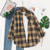 New Women Vintage Oversize Flannel Plaid Shirt With Pockets Full Sleeve Turn Down Collar Blouse Casual Basic Tops