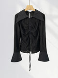 Fongt Earth Wind Unique Top Show Waist Short Black POLO Pointed Collar Draw Rope Horn Sleeve Shirt Forest Witch Wear-Outfit