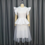 Fongt Wedding Lotus Leaf-Side Dress Light Mesh Splicing Meat Cover Mid-Stolen Dress Dresses