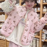 Preppy V-neck Quilted Parkas Cute Bear Full Printed Cartoon Sky Blue Warm Winter Jackets Female Students Kawaii