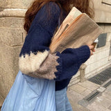 Women Korean Version Patchwork Preppy Style Casual Vintage Single Breasted Baggy All-match Female Sweaters Cozy