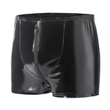Fongt Men's PVC Bright Boxers Sexy Zipper Open File Ledershorts Size Accurate-Outfit