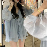Women Elegant Ruffles Leisure Solid Newest Chiffon Fashion Two-piece Daily Design Popular Cozy Basic Teens Vintage
