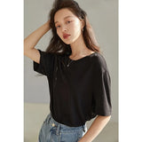 Round Neck Short Regular Sleeve T-shirt Loose Straight Midweight Office Lady Solid Yellow Drape Short