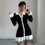 Fongt Small Fragrant Style Elegant Body V Collar Long-Sleeved Lotus Side Knitted Dress