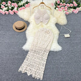 Fongt Tourist Vacation Wind Summer Sling Short Hook Flower Vest Long Skirt Two Suits-Outfit