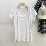 Version Simple Solid Color Threaded U-Collar Short-Sleeved T-Shirt Women Summer New Style Slim Look Thin Pure Desire Hot Girl Blouse Girl-Outfit