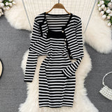 Women's Two piece set Stripe Slim Spaghetti Strap Dress Casual Versatile Knitted Set Spring Autumn-Outfit