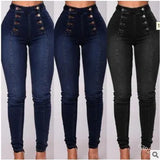 Fongt High-Waisted Casual Jeans Trousers Double Row Multi-Button Repair Elastic Small Foot Women's Pants
