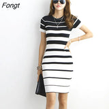 Han Queen New Autumn Women Vintage Stripe Knitted Dresses Office Bodycon Pencil Sheath Dress Elegant Simple Bottoming