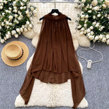Fongt Luxury Famous Woman Hanging Neck Ribbon Woman 2025 Summer Atmosphere Feeling Thin Irregular Chiffon Shirt