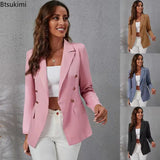 Women's Elegant Blazer Suits Jacket Solid Long Sleeve Cardigan Coats Female Slim Fit Top Suit Double Breasted Office