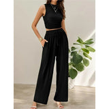 Fongt Summer Knitting Casual Suit Sleeveless Round Collar Short Repair Body Broad Leg Pants Two Sets