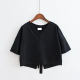 Fongt Summer Pure Color Back Splicing Fork V-Neck Loose Short Jacket Female Student Strap Short Sleeve T-Shirt Women's