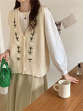 Hsa 2022 Women Sweater Vest Cardigans V neck Floral Embroidery Knitted Winter Tops Korean Fashion cardigan mujer