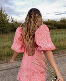 Women Jacquard Leopard Pink Satin Mini Dress Sexy Elastic Short Lantern sleeve Cross Lacing up Back Backless Party