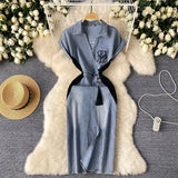 Fongt National Trend Denim Dress Women's New Chinese-Style Retro Embroidery Waist Thin Open Fork Ass Fashion Dress
