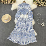 Fongt And Autumn Retro Court Style Lotus Leaf Side V-Neck Single Buckle Lantern Sleeves To Close The Waist A Word Print Dress Woman