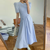 Elegant Solid Loose Long Dress For Women Round Neck Short Puff Sleeve Patchwork Folds Midi Dresses Female