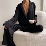 European and American women's home clothes long-sleeved suit imitation silk shirt thin trousers two-piece pajamas women-Outfit