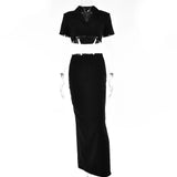 Turn-down Collar Split Women Outfits Black Short Sleeve Single Breasted Blazer Sets Ladies Summer Slim Elegant Sets