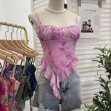 Fongt Shoot 辣tie Bra Irregular Sling Sling Vest Slimming Print Mesh Sleeveless Top 8950
