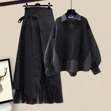 2024 Autumn New Patchwork Striped Shirts With Irregular Skirts Women's Two-piece Sets Oversized Female Fashion TH1346-Outfit