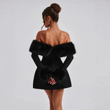 Fongt Autumn And Winter New Women's Fashion Temperament Sexy Hair Collar Shoulder Repair A-Word Dress