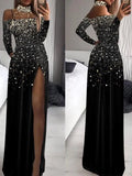 Station Shiny Gold Printed Long-Sleeved High-Collar Mesh Stitched High Fork Dress Dress-Outfit