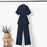 Women Elegant Office Trouser Suits 2PCS Summer Laple Neck Short Sleeve Blazer Top Matching Sets Casual Wide Leg Pant