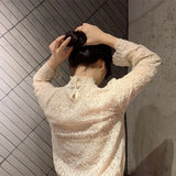 Fongt New Blouse Shirt Women Half-High Embroidered Delicate Inner Lace-Up Yarn