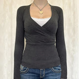 Lace Splice Crossover Long Sleeve Knit Tee-Outfit