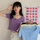 Fongt Retro Girl Soft Lace Collar Knitted Jersey High-Waisted Short-Sleeved T-Shirt
