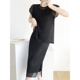 Fongt Folded Temperament Net Folding Set Thin Temperament Blouse Short-Sleeved Skirt Large Size Women's Clothing