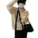 Fongt Wind Soft Waxy Spell Color Edge Autumn And Winter New Soft Waxy Irregular Oblique Collar Inclined Buckle Belt Design Sense Knit Cardigan-Outfit