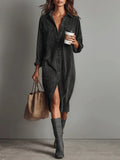 Fongt Women's Elegant Workwear Style Pocket Button Velvet Shirt Dress Dress