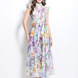 Fongt Slicing Hollow Lace Splicing Small Flying Sleeves To Close The Belt With Thin Temperament Single-Drace Printed Dress