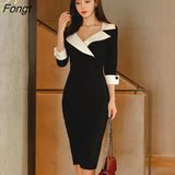 Han Queen Hot sale Women Autumn Suit collar Black White Stitching Bodycon Pencil Dress Lady Simple Tight Elegant Party