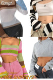 Women Rainbow Sweaters Hollow Out Sexy Crop Tops Fall Winter y2k Clothes Multi Color Square Collar Long Sleeve Tops